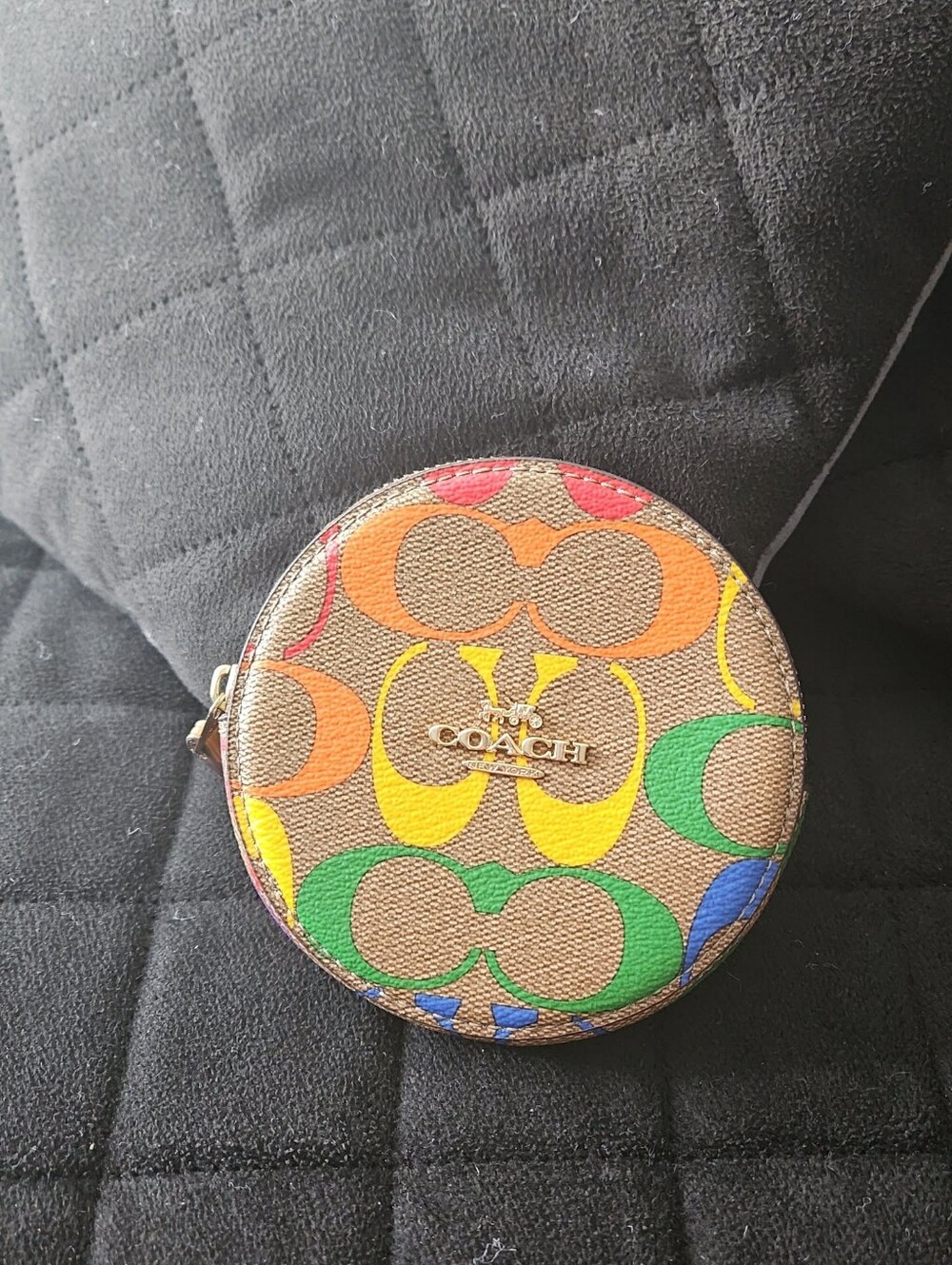 Coach Multicolor Signature C Round Coin Pouch with Gold Logo